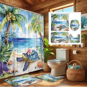 Tropical Beach Turtle Shower Curtain Complete Bathroom 4-pc Set